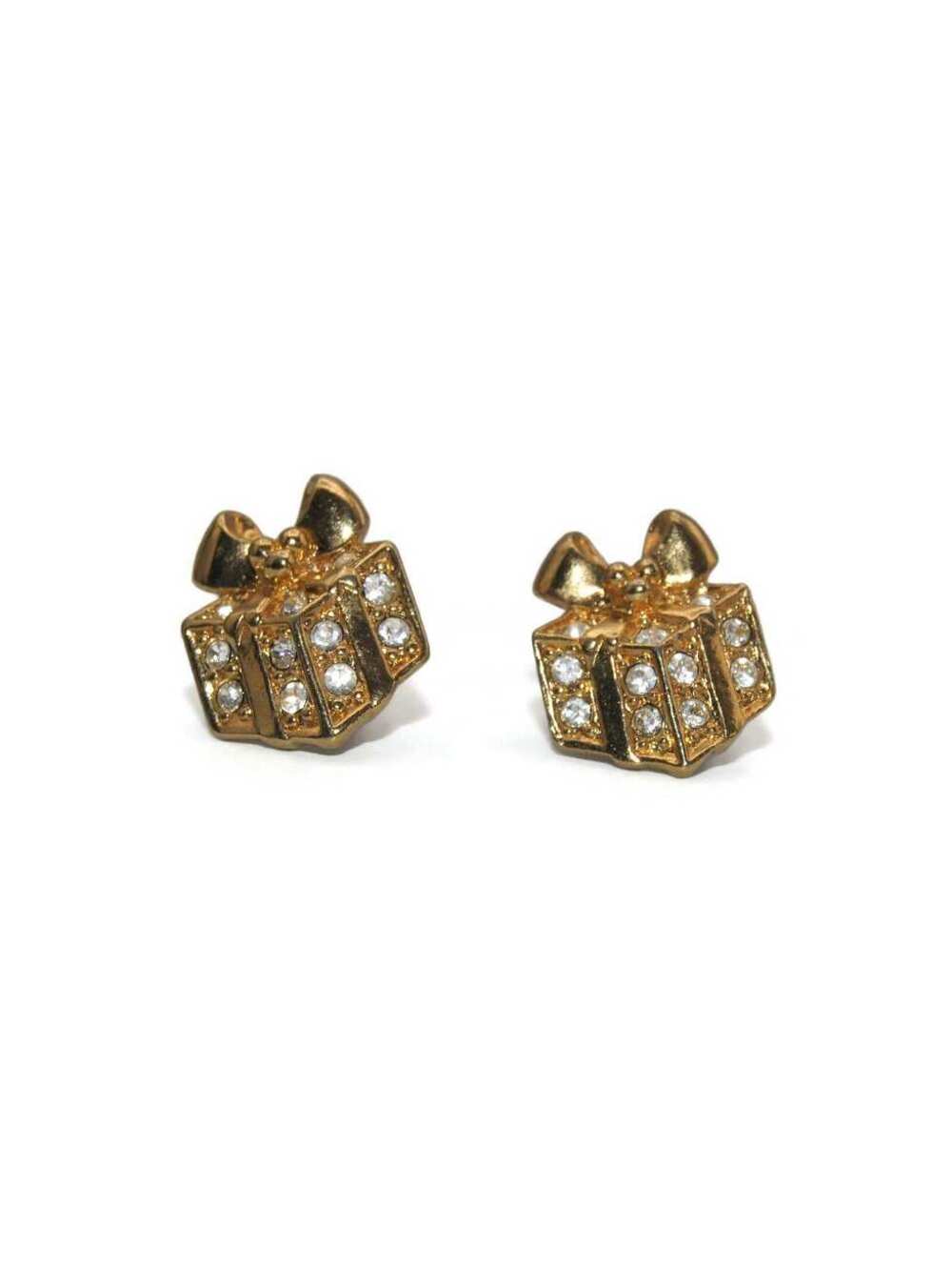 Vintage Avon Gold Tone and Clear Rhinestones Wrapped Present Stud Earrings.
